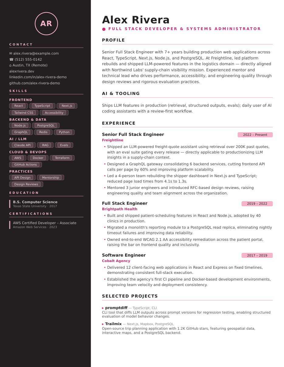 First page of the tailored resume for Alex Rivera